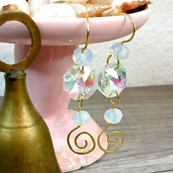 Statement Holographic Hammered Dangle Earrings, Rainbow Boho Swirl - Picture 3 of 9